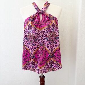 Rachel Zoe pink floral paisley mixed print halter top Size Large NWT